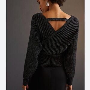 Anthropologie Shimmer Surplice Sweater  Black and Silver Large New